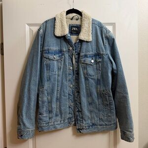Zara Light Blue Denim Jacket with Cream Sherpa Collar